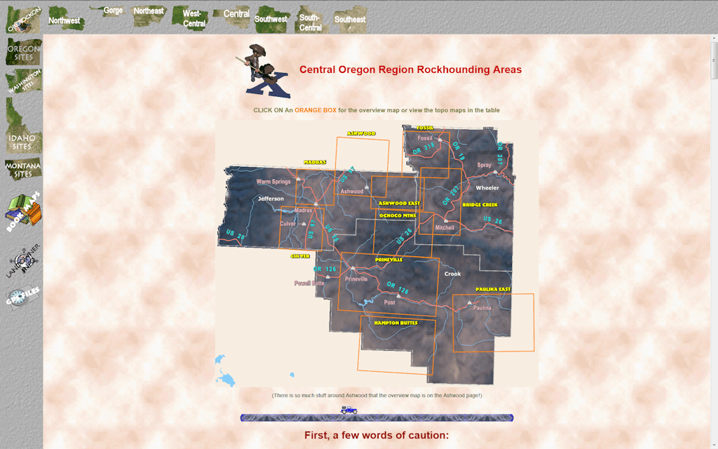 Central Oregon Rockhounding Map OreROCKOn Oregon Rockhounds Online Rockhoung field guide, lapidary